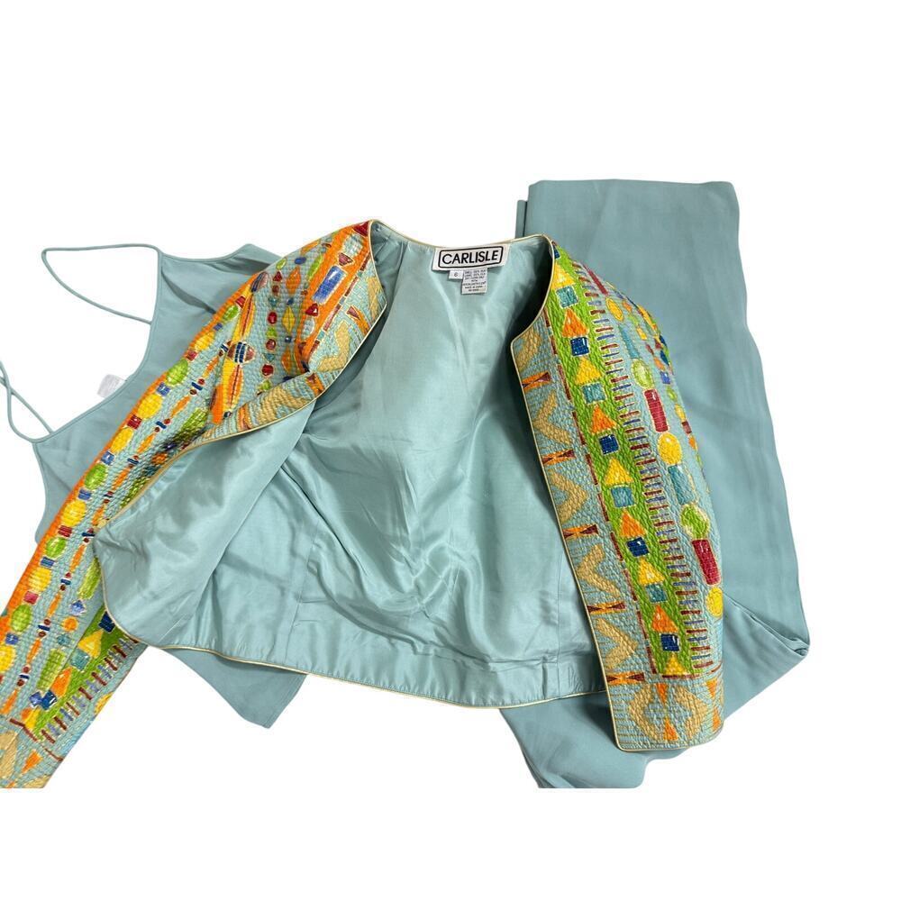 3 PC 80s VTG Carlisle Silk Pant Suit Yellow Geo Jacket +Blue/Green Pants Top S - Picture 2 of 13